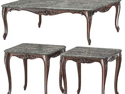 Classic Coffee Table Set Including Large And Small Tables With Marble Top And Carved Legs 3d model