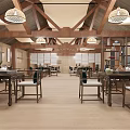 Traditional Tea House Interior With Wooden Beams Hanging Lamps Tables And Wooden Floor