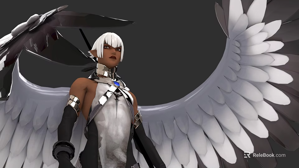 Fantasy Character And Winged Creature With Silver Feather Wings White Long Hair And Metal Decorations 3d model 