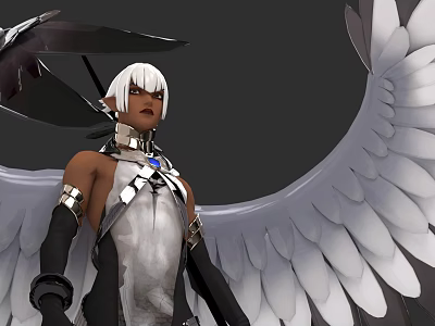 Fantasy Character And Winged Creature With Silver Feather Wings White Long Hair And Metal Decorations 3d model
