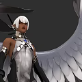 Fantasy Character And Winged Creature With Silver Feather Wings White Long Hair And Metal Decorations