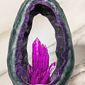 Decorative Ornament Set with Amethyst Crystal Cluster Green Outer Shell Gold Base and Marble Background