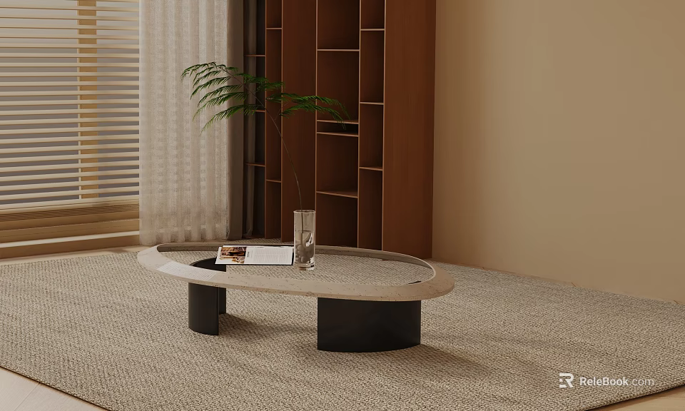 Modern Sofa Coffee Table Set With Round Black Base Light Carpet Magazines Green Plant 3d model