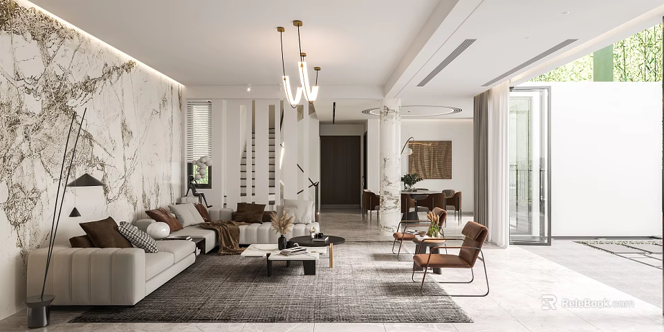 Modern Living and Dining Interior Design with Marble Wall Chandelier Sofa Coffee Table Dining Chairs 3d model 
