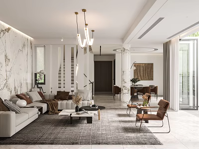 Modern Living and Dining Interior Design with Marble Wall Chandelier Sofa Coffee Table Dining Chairs 3d model