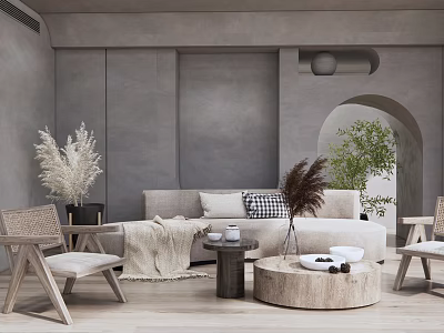 Beige Sofa and Round Coffee Table Set with Plush Pillows Throw Blanket and Rattan Chairs 3d model