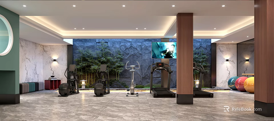 Modern Fitness Gym With Treadmills Elliptical Machines Stone Wall Bamboo Decor And TV Screen 3d model 