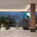 Modern Fitness Gym With Treadmills Elliptical Machines Stone Wall Bamboo Decor And TV Screen