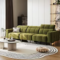 Green Velvet L Shaped Sofa and White Round Coffee Table Set in Modern Living Room