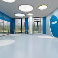 Dance Fitness Studio Interior With Blue Curtains Round Ceiling Lights White Floor And Ballet Barres