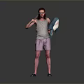 Man In Grey Tank Top Purple Shorts Holding Blue Shark Plush Toy