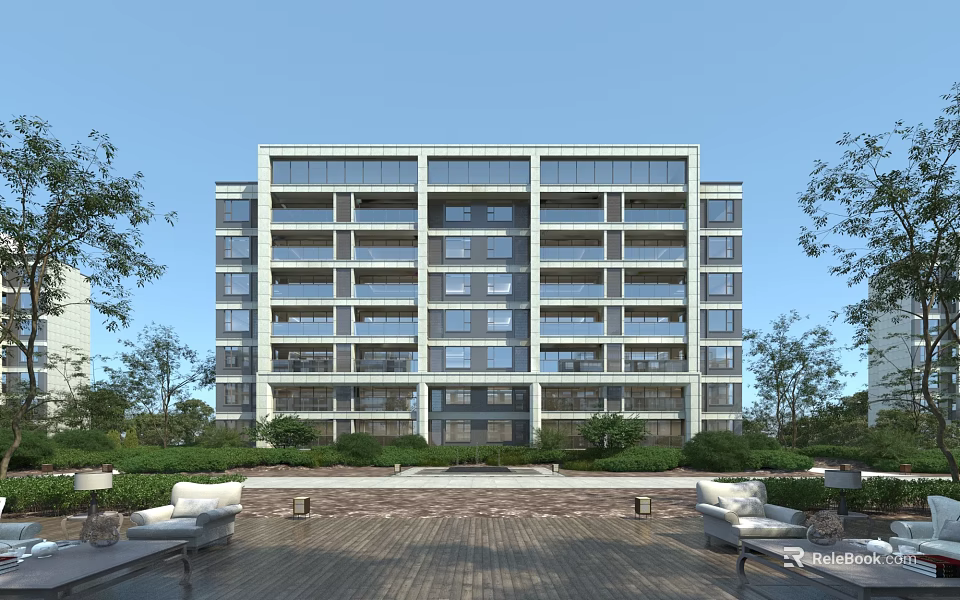 Modern Multi Story Residential Building With Large Windows And Greenery Surrounding Outdoor Courtyard Seating Areas 3d model 