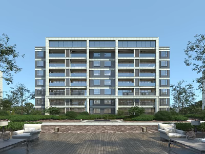 Modern Multi Story Residential Building With Large Windows And Greenery Surrounding Outdoor Courtyard Seating Areas 3d model
