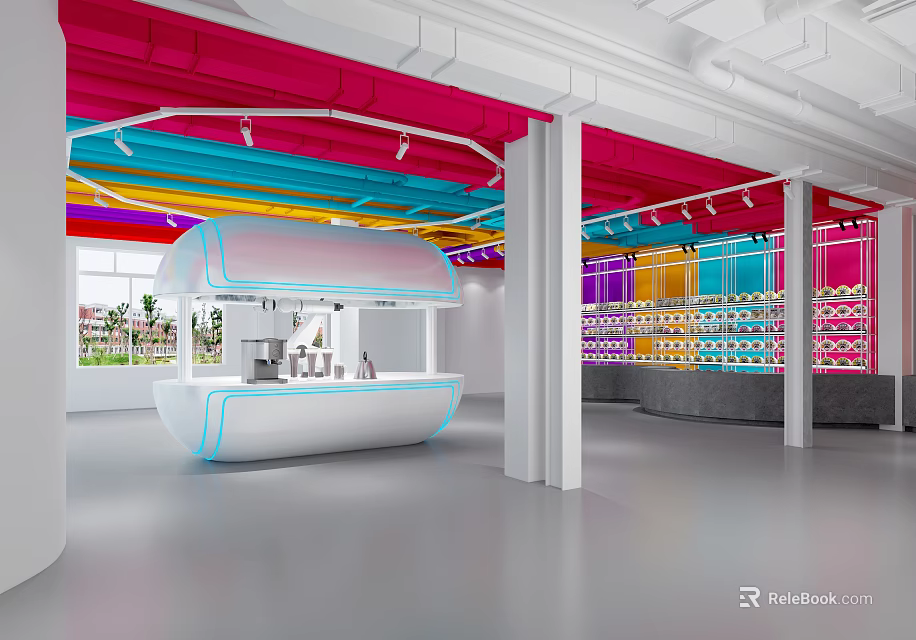 Colorful Pipes Modern Interior With White Curved Counter And Display Shelves 3d model 