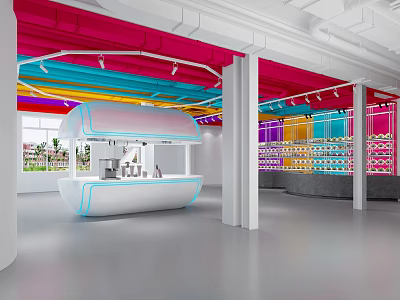 Colorful Pipes Modern Interior With White Curved Counter And Display Shelves 3d model
