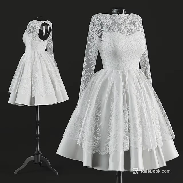 Elegant White Lace Long Sleeve Dress With Flared Skirt And Satin Details 3d model 