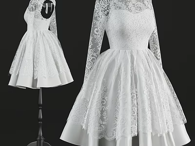 Elegant White Lace Long Sleeve Dress With Flared Skirt And Satin Details 3d model