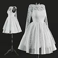 Elegant White Lace Long Sleeve Dress With Flared Skirt And Satin Details
