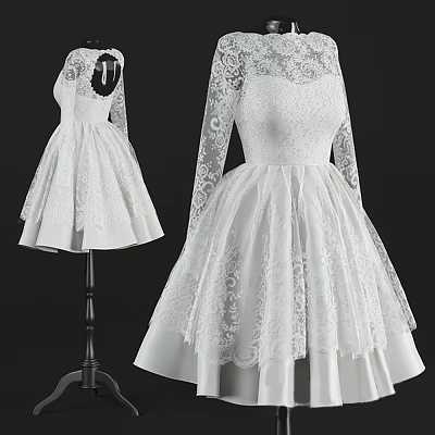 Elegant White Lace Long Sleeve Dress With Flared Skirt And Satin Details 3d model
