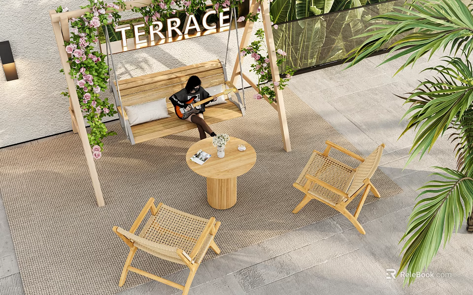 Cozy Terrace Hanging Chair With Flower Vines Wooden Table And Green Plants 3d model 
