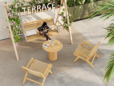Cozy Terrace Hanging Chair With Flower Vines Wooden Table And Green Plants 3d model