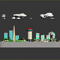 Cartoon City Model Scene With Green Grass Trees Buildings Clouds Roads And Cars