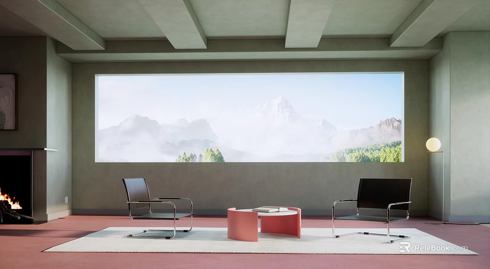 Modern Black Chairs With Red Round Table In Room With Large Window Mountain View 3d model 