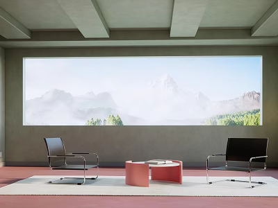 Modern Black Chairs With Red Round Table In Room With Large Window Mountain View 3d model