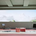 Modern Black Chairs With Red Round Table In Room With Large Window Mountain View