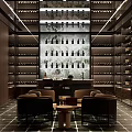 Wine Cellar Interior With Dark Wooden Racks Bottles Bar Counter Chairs And Green Tiled Floor
