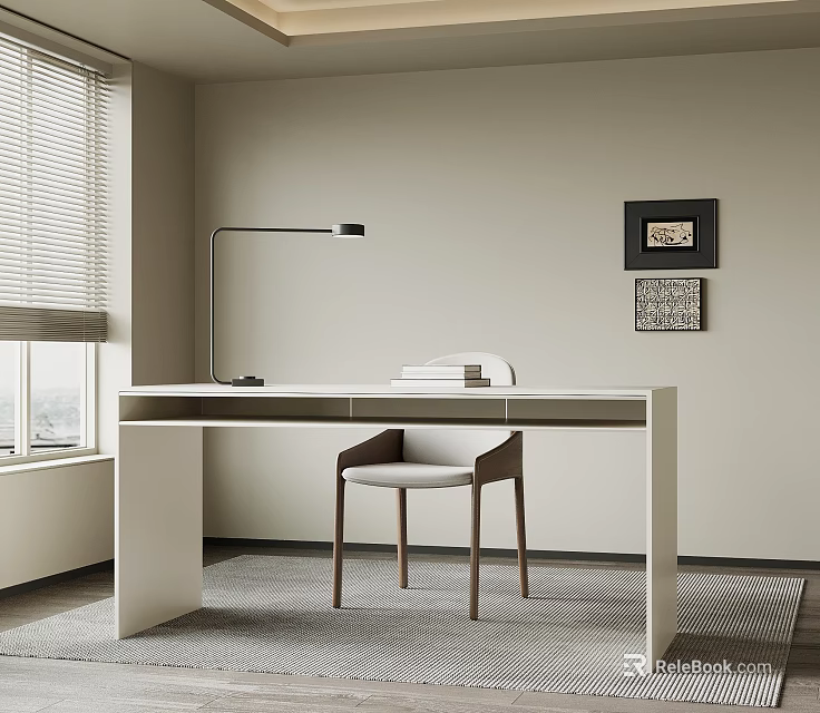Modern Home Office Desk And Chair Set With Floor Lamp And Wall Art 3d model 