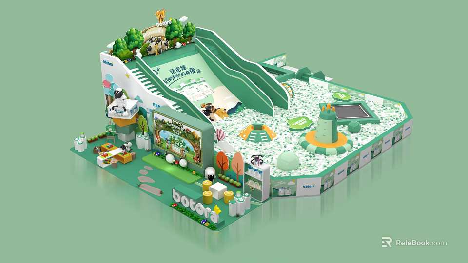 Indoor Kids Playground With Slide Green Plants Animal Figures And DOGO Theme 3d model 