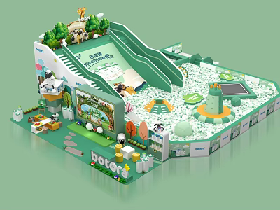 Indoor Kids Playground With Slide Green Plants Animal Figures And DOGO Theme 3d model