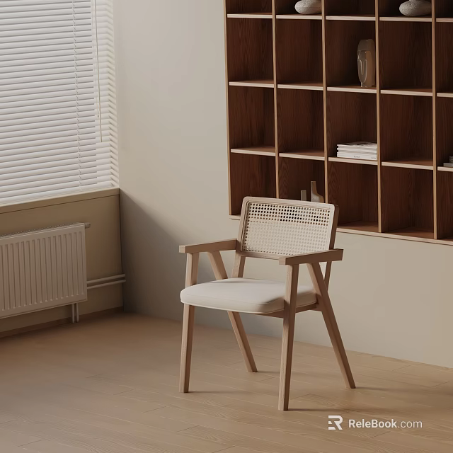 Accent Chair With Wooden Frame Woven Backrest And Light Upholstered Seat Near Bookshelf Window Blinds 3d model 