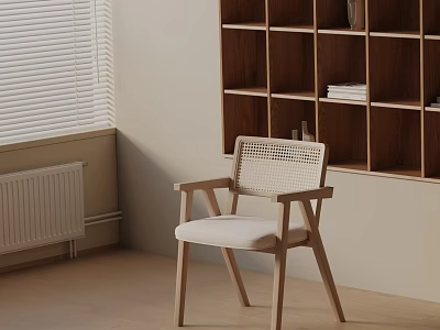 Accent Chair With Wooden Frame Woven Backrest And Light Upholstered Seat Near Bookshelf Window Blinds 3d model