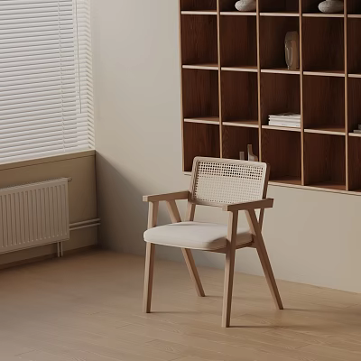 Accent Chair With Wooden Frame Woven Backrest And Light Upholstered Seat Near Bookshelf Window Blinds 3d model