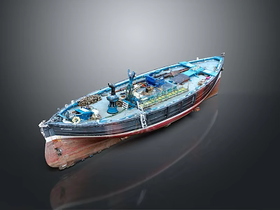 Intricate Blue Wooden Boat Model Featuring Apparatus And Upper Structure Design 3d model