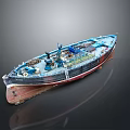 Intricate Blue Wooden Boat Model Featuring Apparatus And Upper Structure Design