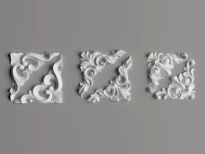 Three Elegant Plaster Carved Patterns For Interior Wall Decor With Ornate Curved And Symmetrical Designs 3d model