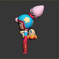 3D Cartoon Game Character With Pink Bun Hairstyle Blue Red Outfit And Small Round Companion