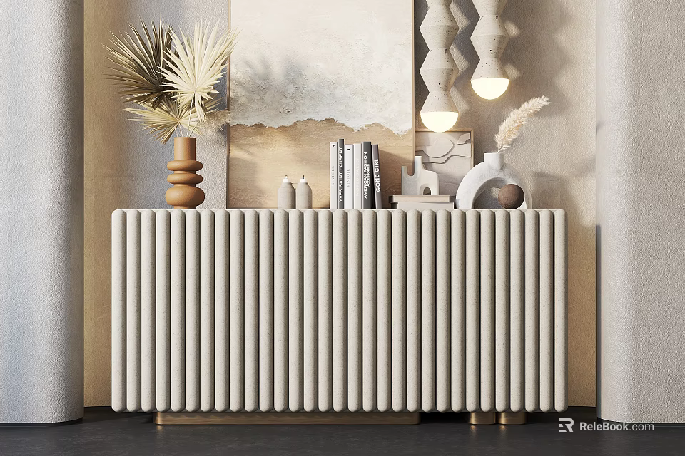 Modern Entryway Console Cabinet With White Vertical Slats Gold Legs And Decorative Plants 3d model 