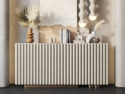 Modern Entryway Console Cabinet With White Vertical Slats Gold Legs And Decorative Plants 3d model