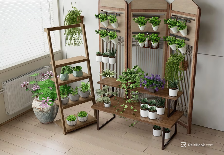 Wooden Plant Stands With Multi Tiered Design Displaying Various Green Potted Plants 3d model 
