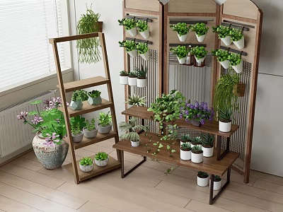Wooden Plant Stands With Multi Tiered Design Displaying Various Green Potted Plants 3d model