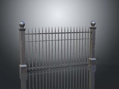 Metal Fence With Spiked Rails Ball Finials And Concrete Posts 3d model