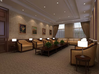 Elegant Hotel Public Lounge With Comfortable Sofas Wooden Coffee Tables Green Plants And Decorative Paintings 3d model