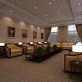 Elegant Hotel Public Lounge With Comfortable Sofas Wooden Coffee Tables Green Plants And Decorative Paintings