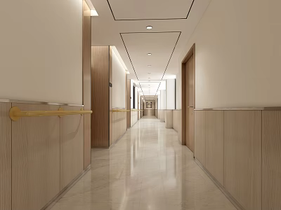 Modern Elevator Hallway With Wooden Panel Walls Polished Marble Flooring And Recessed Lighting 3d model