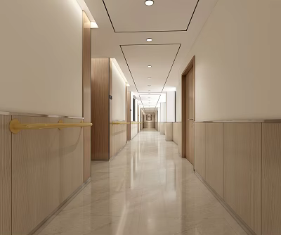 Modern Elevator Hallway With Wooden Panel Walls Polished Marble Flooring And Recessed Lighting 3d model
