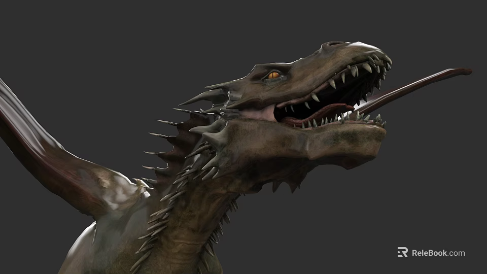 Realistic Reptile Head with Scaly Skin Sharp Spikes Open Mouth and Extended Tongue 3d model 